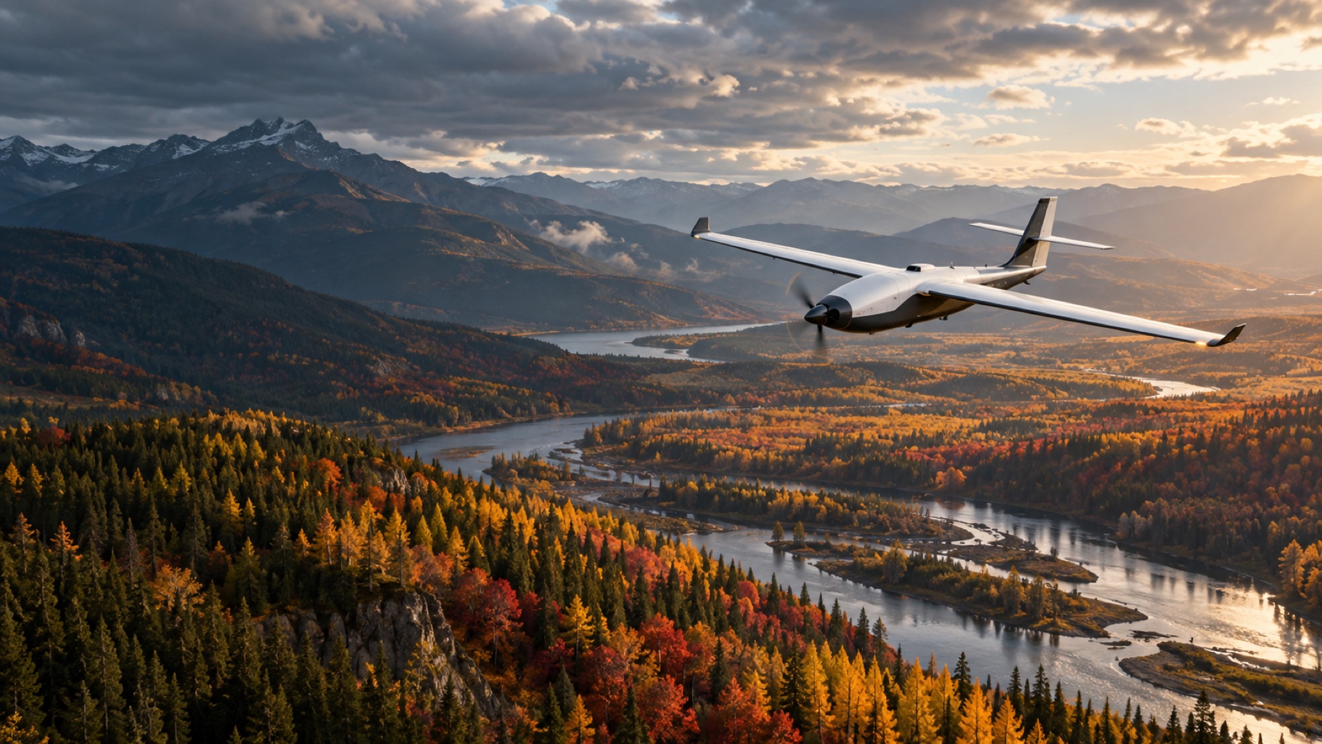 Fixed-wing UAV above an autumn valley