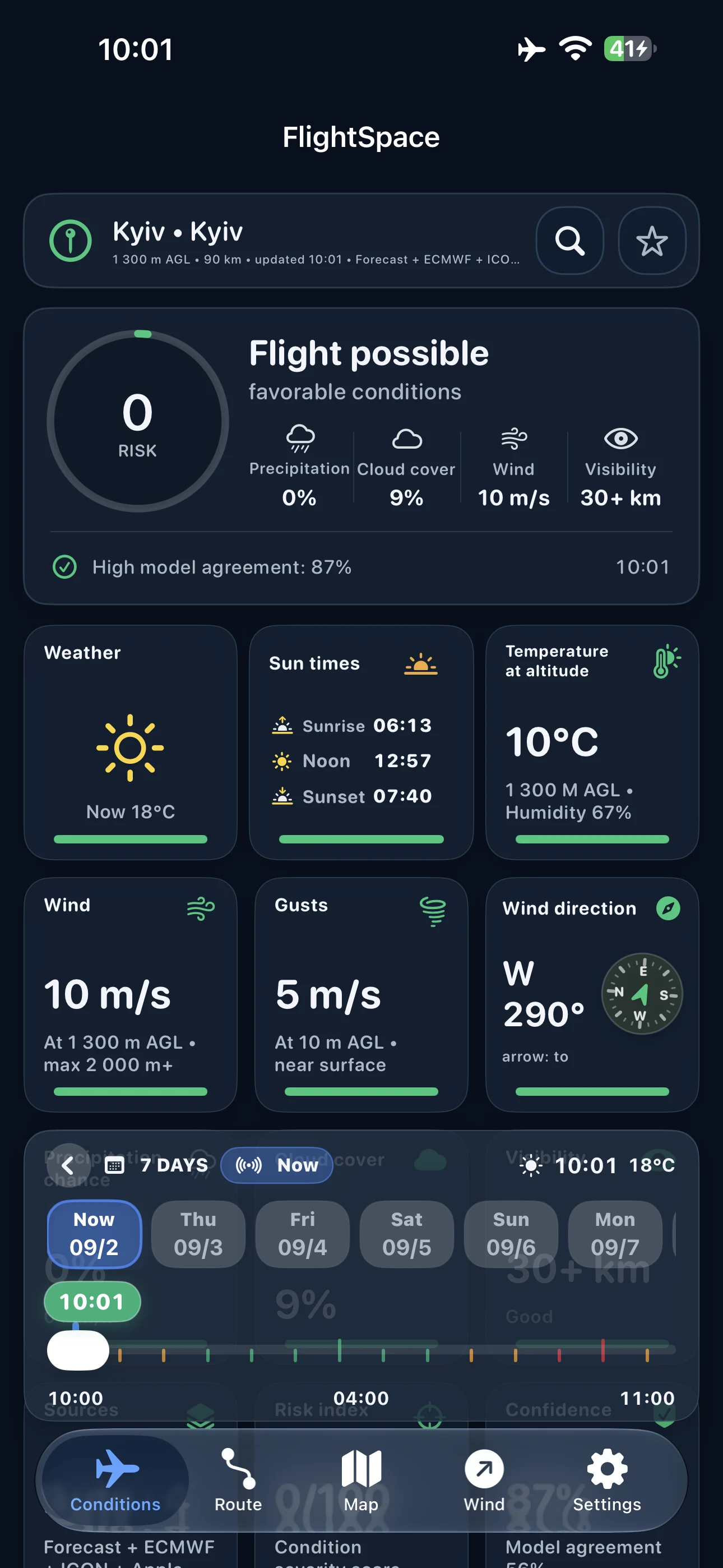 FlightSpace dashboard with weather and flight assessment