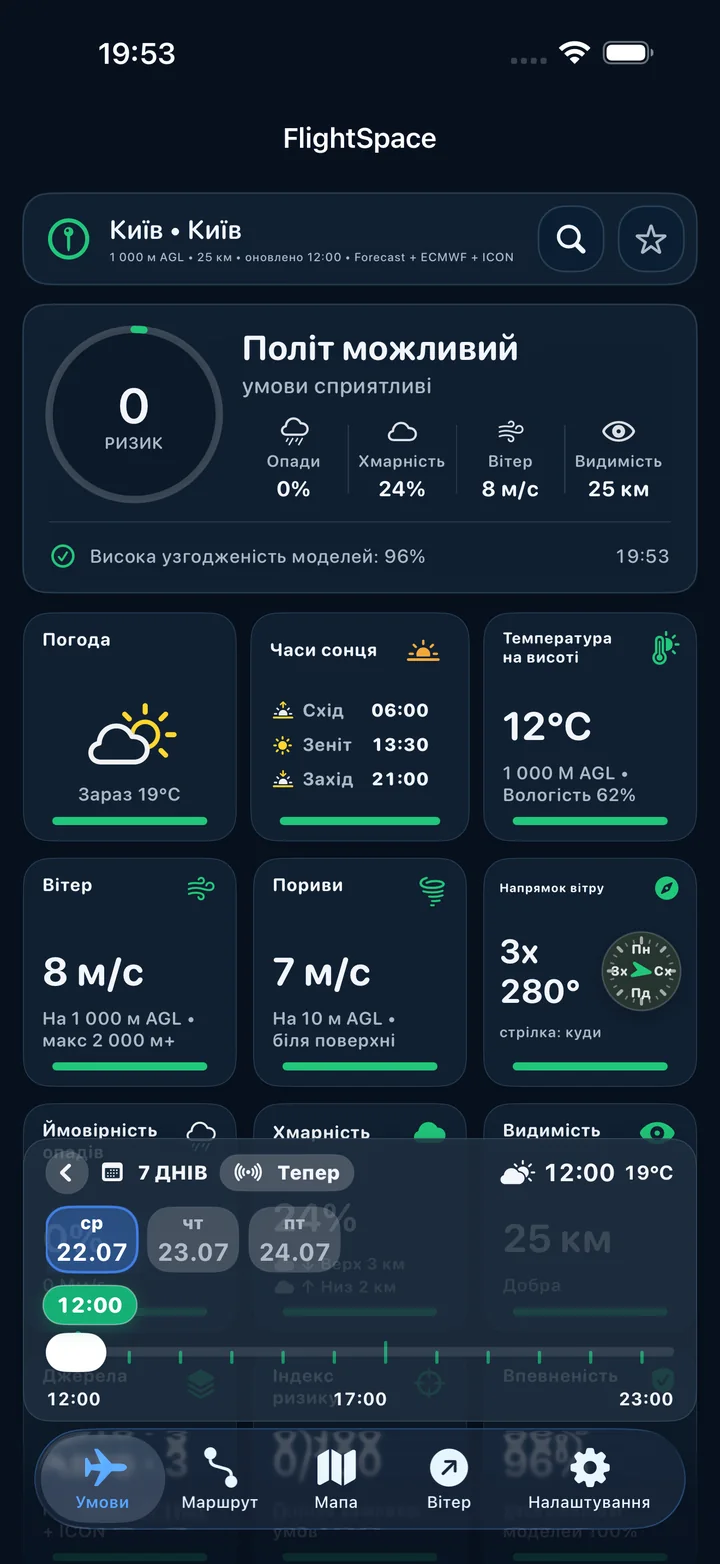 Головний екран FlightSpace з погодою та оцінкою умов польоту