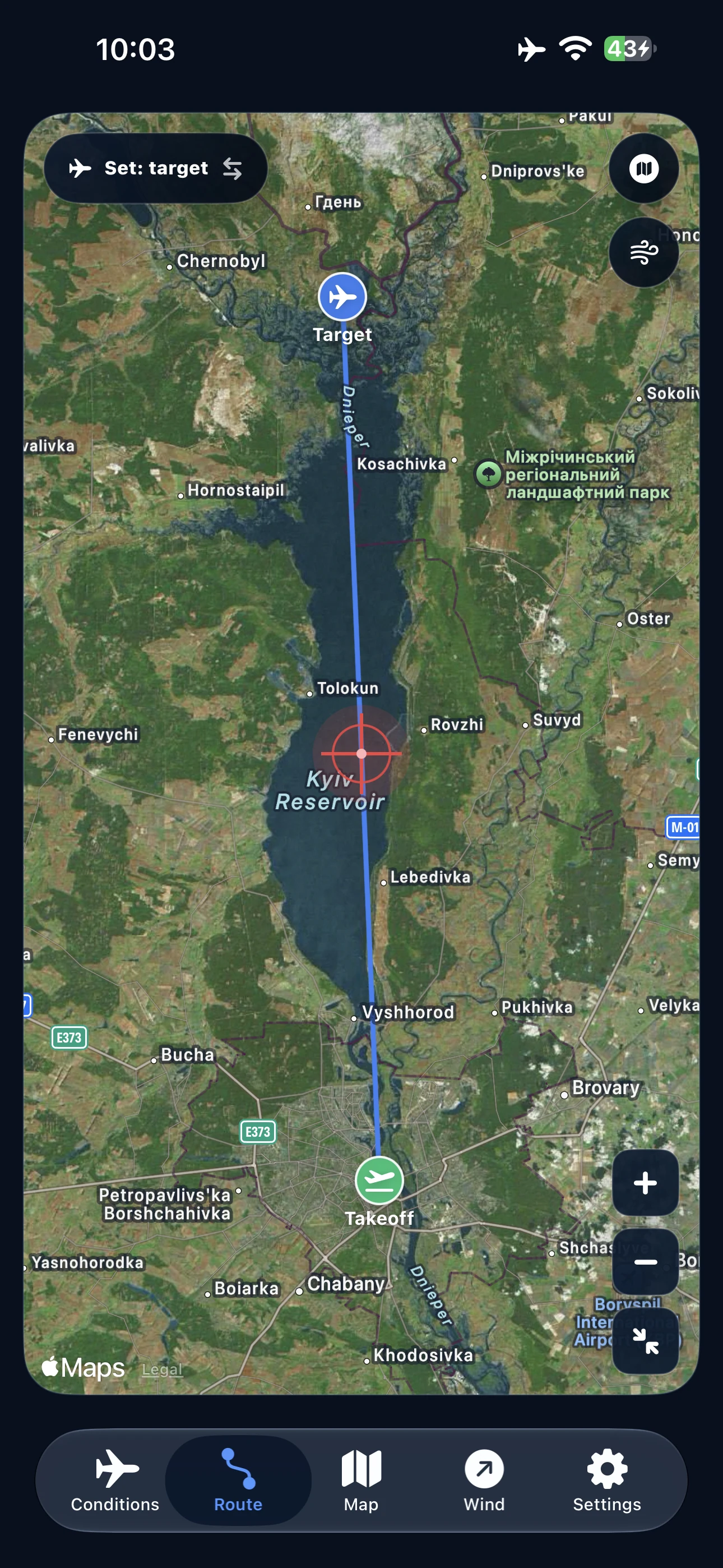 FlightSpace route map with takeoff and target markers