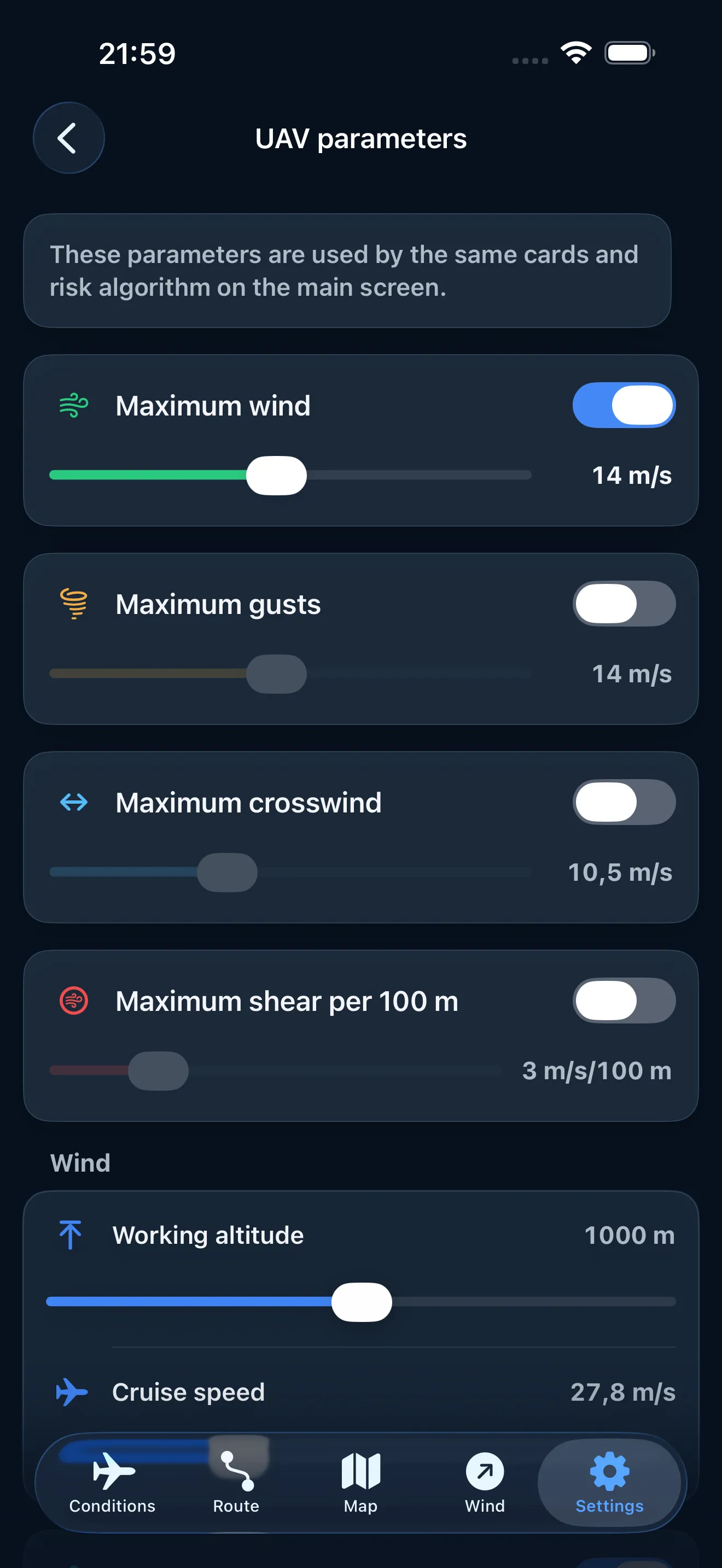 Working altitude and UAV weather limits in FlightSpace