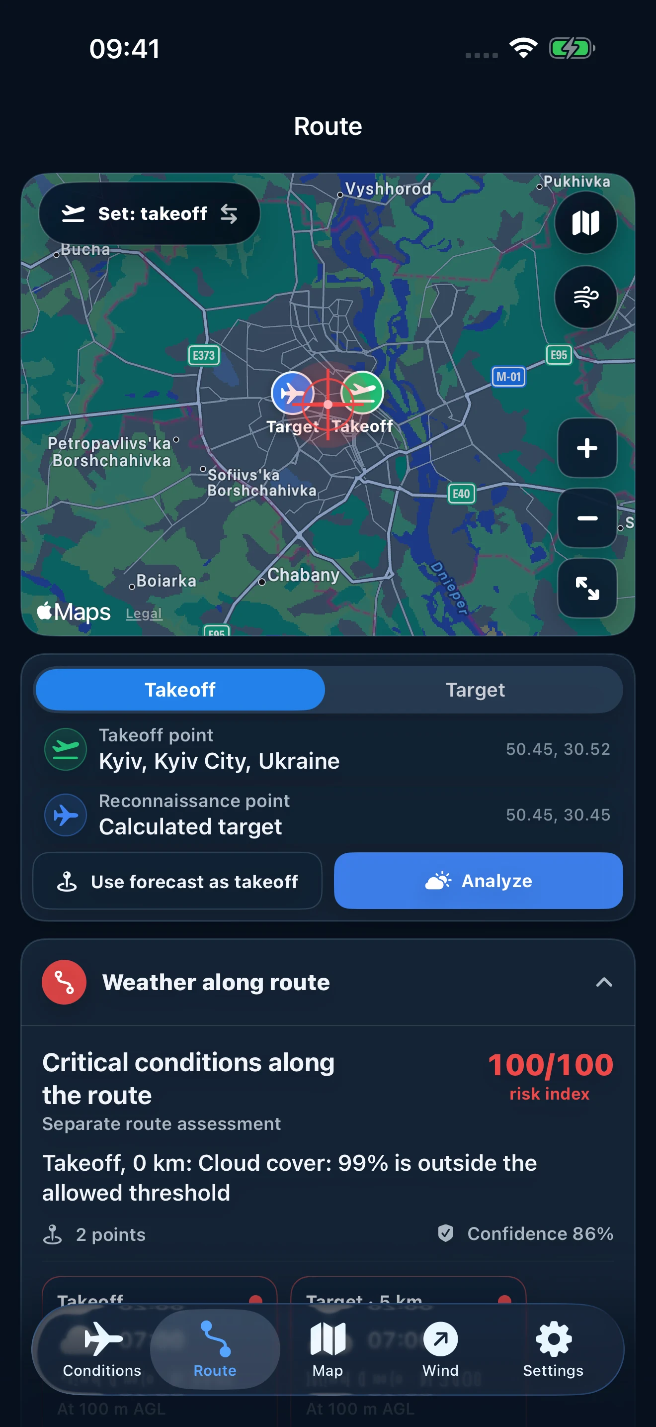 Mapa de ruta  FlightSpace  con marcadores de despegue y destino
